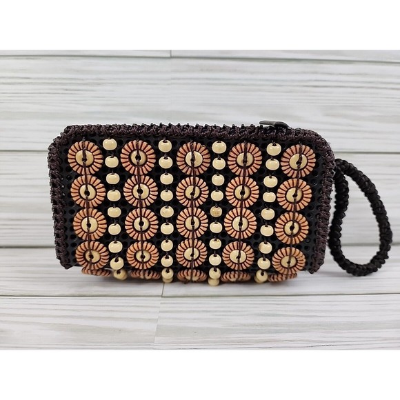 Punta Cana Dark Brown/Light Brown Beaded Wallet Wristlet Boho Hippie 2 Zippers - Picture 4 of 7